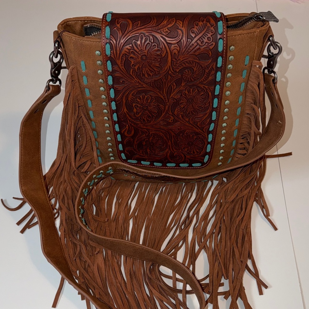 Fringed Brown and Turquoise Crossbody Bag - Picture 2 of 4